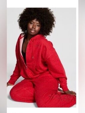 PINK Victoria's Secret Bright Red with Sparkle Fabric Full Zip Hoodie